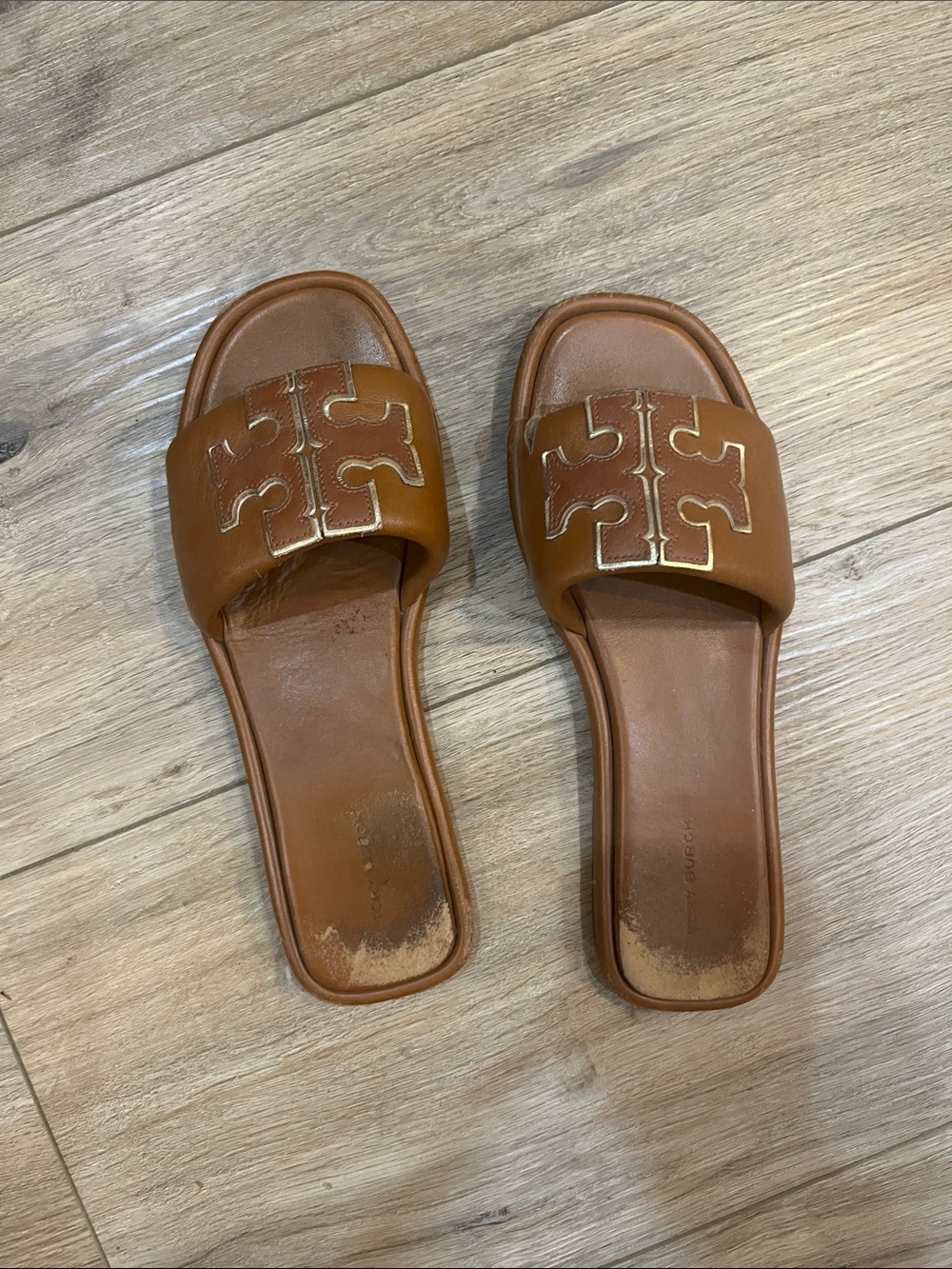 Tory Burch Tan Leather Logo Slide Sandals